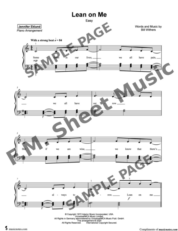 Lean On Me (Easy Piano) By Bill Withers F.M. Sheet Music Pop